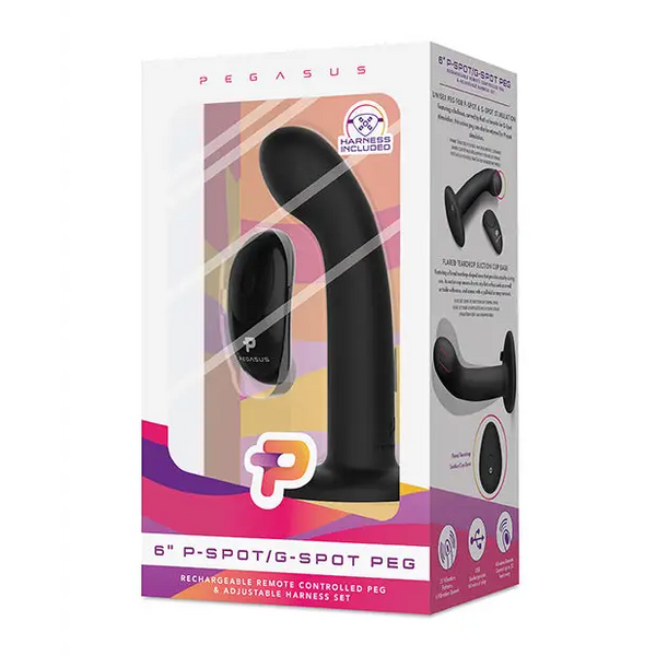 Pegasus 6’’ Rechargeable P-Spot G-Spot Peg w/Adjustable Harness & Remote Set - Black - Strap Ons