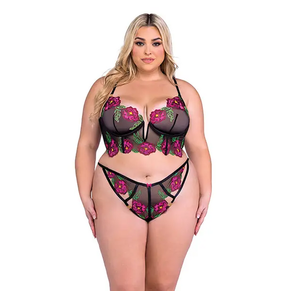Peony Paradise Underwire Bralette & G-String - Black 1X - Lingerie - Plus/Queen - Hanging