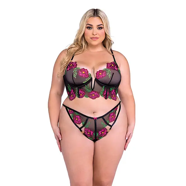 Peony Paradise Underwire Bralette & G-String - Black 2X - Lingerie - Plus/Queen - Hanging