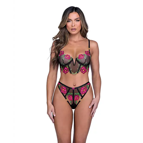 Peony Paradise Underwire Bralette & G-String - Black LG - Lingerie - Hanging