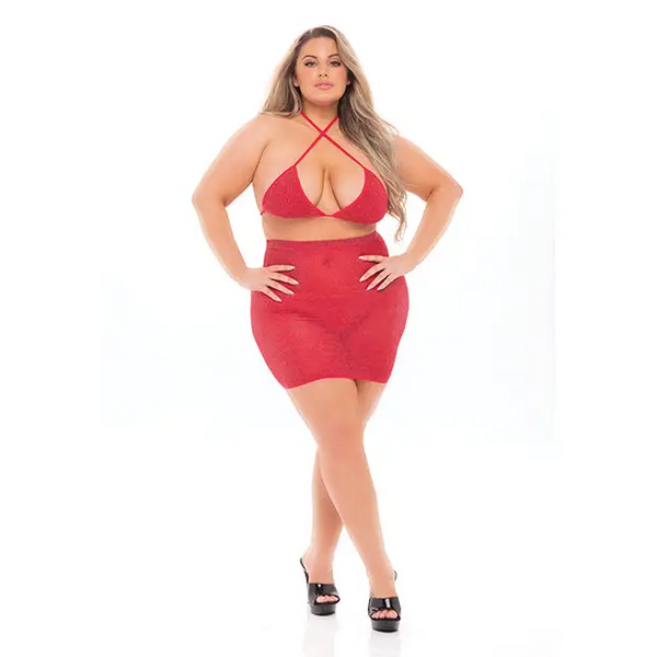 Pink Lipstick Black Cherry Strap Halter Bra & Skirt (Fits up to 3X) Red QN - Lingerie - Plus/Queen - Packaged