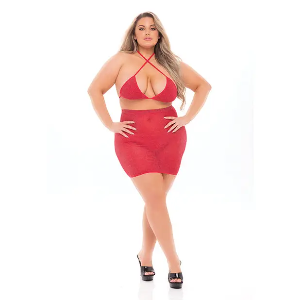 Pink Lipstick Black Cherry Strap Halter Bra & Skirt (Fits up to 3X) Red QN - Lingerie - Plus/Queen - Packaged