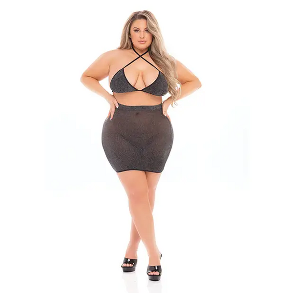 Pink Lipstick Black Cherry Strap Halter Bra & Skirt (Fits up to 3X) Black QN - Lingerie - Plus/Queen - Packaged