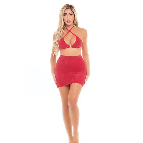 Pink Lipstick Black Cherry Strap Halter Bra & Skirt Red O/S - Lingerie - Packaged