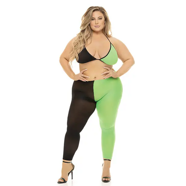 Pink Lipstick Block You Out Bra & Legging Black/Green QN - Lingerie - Plus/Queen - Packaged