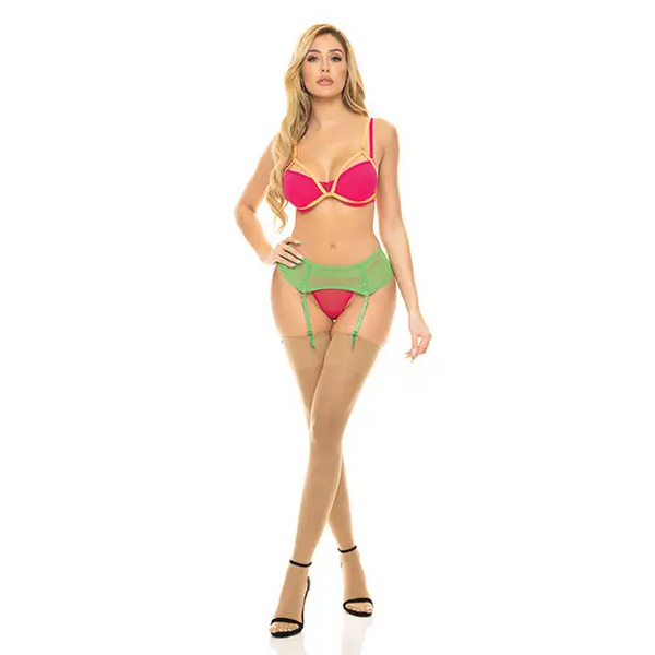 Pink Lipstick Come to Me Bra Garter Belt & G-String Neon M/L - Lingerie - Packaged