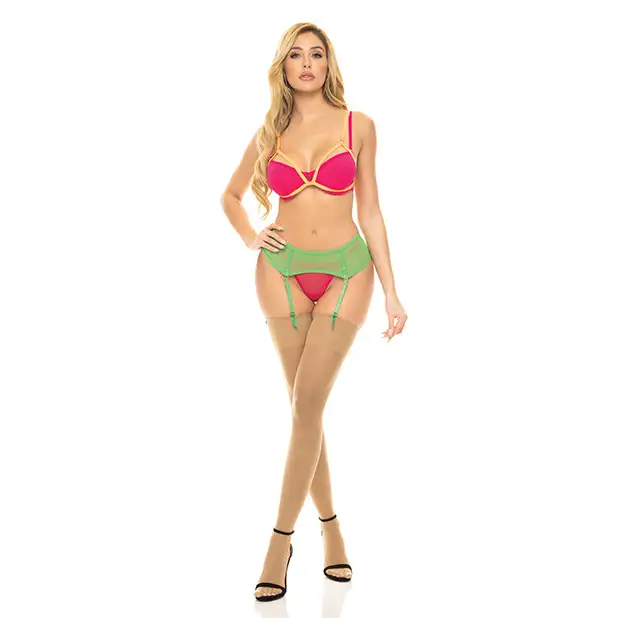 Pink Lipstick Come to Me Bra Garter Belt & G-String Neon S/M - Lingerie - Packaged