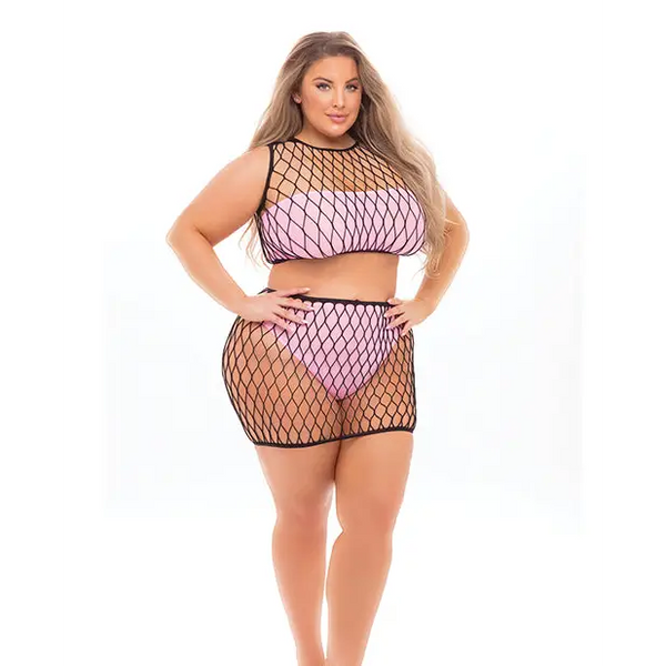 Pink Lipstick Crave You Large Fshnet Cami Top Skrt Bandeau Top & Pnty (Fits up to 3X) Pink QN - Lingerie - Plus/Queen