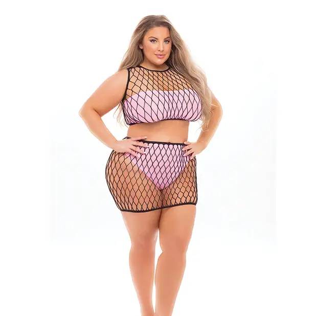 Pink Lipstick Crave You Large Fshnet Cami Top Skrt Bandeau Top & Pnty (Fits up to 3X) Pink QN - Lingerie - Plus/Queen