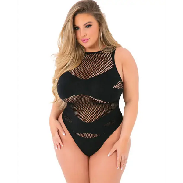 Pink Lipstick Criss Cross Fishnet Bodysuit Black QN - Lingerie - Plus/Queen - Packaged