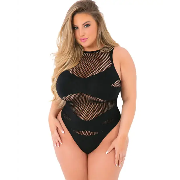 Pink Lipstick Criss Cross Fishnet Bodysuit Black QN - Lingerie - Plus/Queen - Packaged