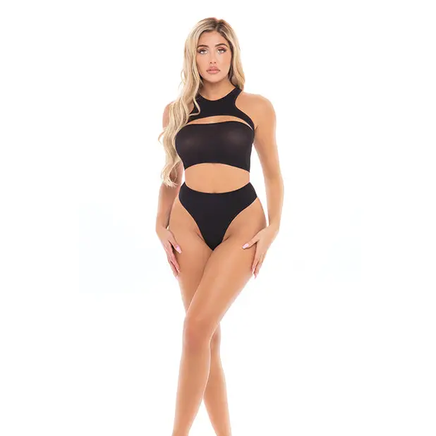 Pink Lipstick Divine Bandeau Harness Top & High Waist Thong Black O/S - Lingerie - Packaged