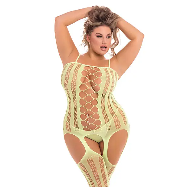 Pink Lipstick Fake News Bodystocking Yellow 1X-3X - Lingerie - Plus/Queen - Packaged