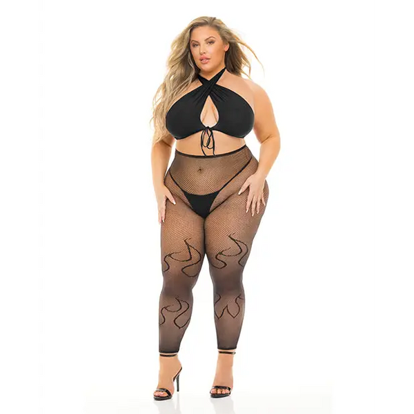 Pink Lipstick Gives You Hell Halter Bra Pantyhose & G-String Black QN - Lingerie - Plus/Queen - Packaged