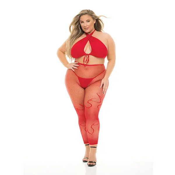 Pink Lipstick Gives You Hell Halter Bra Pantyhose & G-String Red QN - Lingerie - Plus/Queen - Packaged