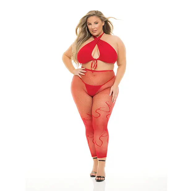 Pink Lipstick Gives You Hell Halter Bra Pantyhose & G-String Red QN - Lingerie - Plus/Queen - Packaged