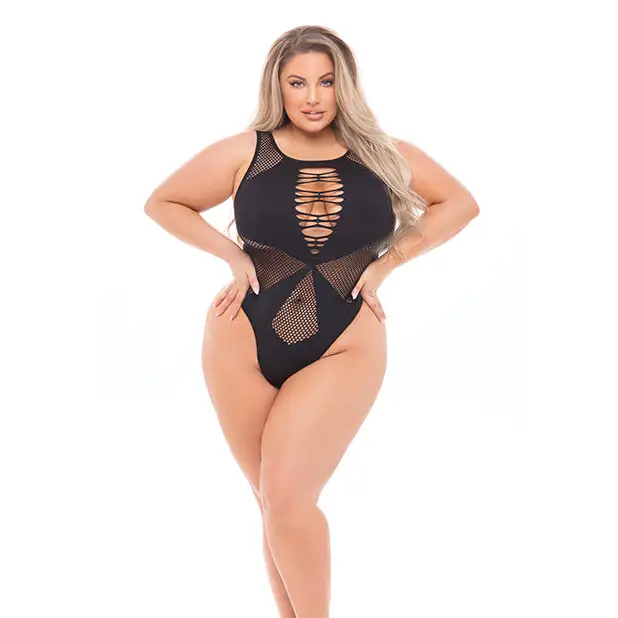 Pink Lipstick Highneck Bodysuit (Fits up to 3X) Black QN - Lingerie - Plus/Queen - Packaged