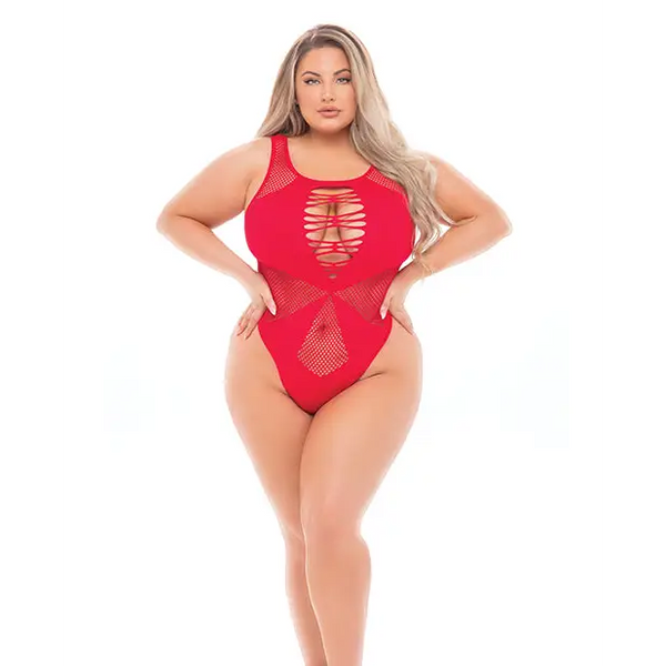 Pink Lipstick Highneck Bodysuit (Fits up to 3X) Red QN - Lingerie - Plus/Queen - Packaged