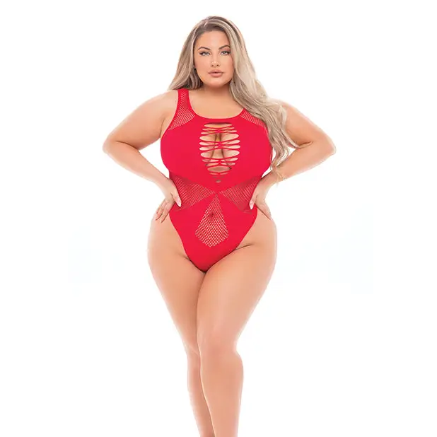 Pink Lipstick Highneck Bodysuit (Fits up to 3X) Red QN - Lingerie - Plus/Queen - Packaged