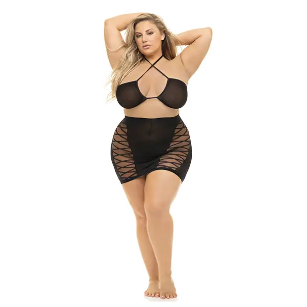 Pink Lipstick Hold on Tight Halter Bra & Skirt Black QN - Lingerie - Plus/Queen - Packaged