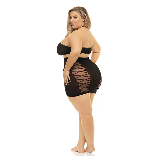 Pink Lipstick Hold on Tight Halter Bra & Skirt Black QN - Lingerie - Plus/Queen - Packaged