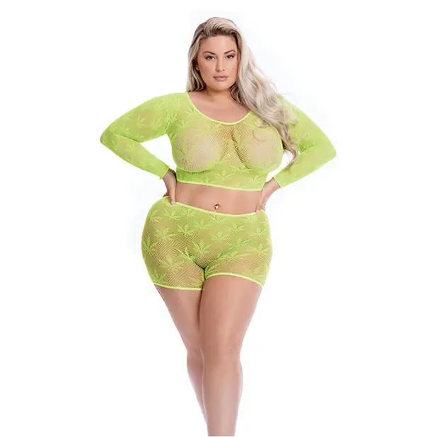 Pink Lipstick Leaf it to Me Long sleeve Crop Top & Short Green QN - Lingerie - Plus/Queen - Packaged