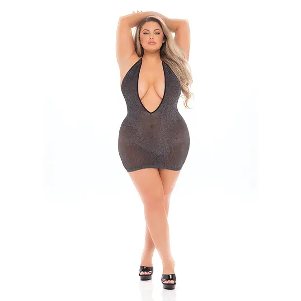 Pink Lipstick Love Bite Plunge Halter Dress (Fits up to 3x) Black QN - Lingerie - Plus/Queen - Packaged