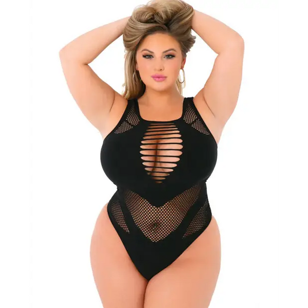 Pink Lipstick Low Blow Cut Out Bodysuit Black QN - Lingerie - Plus/Queen - Packaged