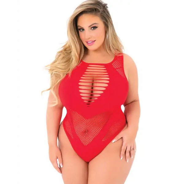Pink Lipstick Low Blow Cut Out Bodysuit Red QN - Lingerie - Plus/Queen - Packaged