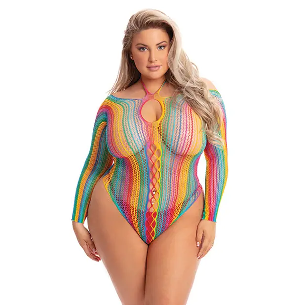 Pink Lipstick More Color Long Sleeve Bodysuit Rainbow QN - Lingerie - Plus/Queen - Packaged