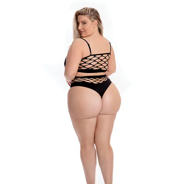 Pink Lipstick Neon Dreams Bra & High Waist Thong Black QN - Lingerie - Plus/Queen - Packaged