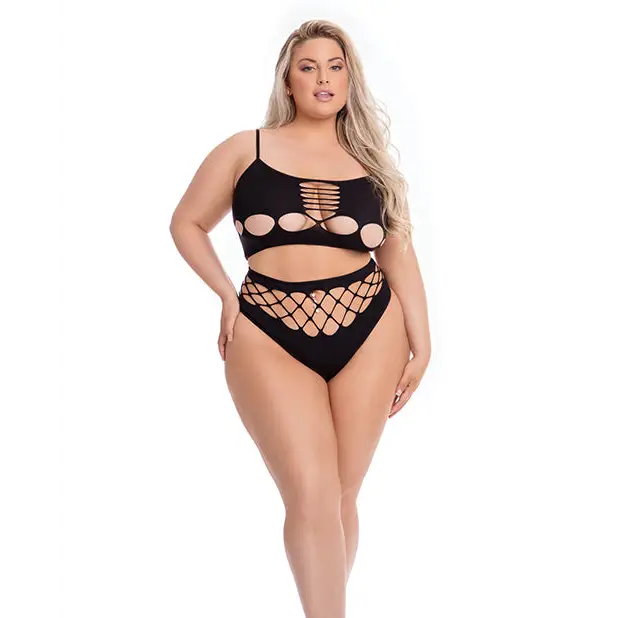 Pink Lipstick Neon Dreams Bra & High Waist Thong Black QN - Lingerie - Plus/Queen - Packaged