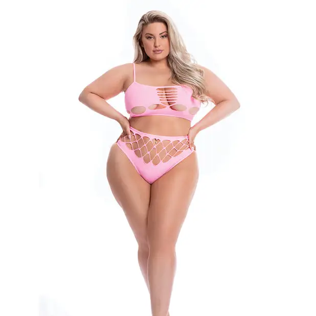 Pink Lipstick Neon Dreams Bra & High Waist Thong Pink QN - Lingerie - Plus/Queen - Packaged