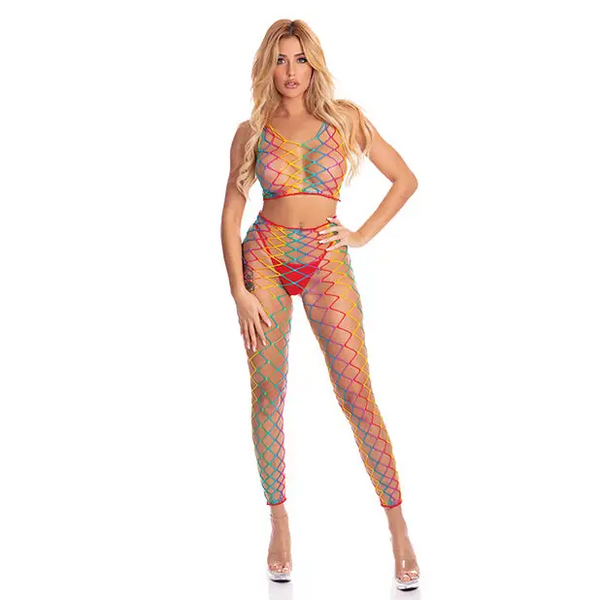 Pink Lipstick Roy G. Biv 2 pc Bodystocking Rainbow O/S - Lingerie - Packaged