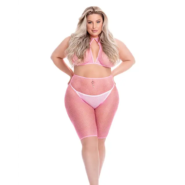 Pink Lipstick Sunset Glow Halter Bra & Bike Short Pink QN - Lingerie - Plus/Queen - Packaged