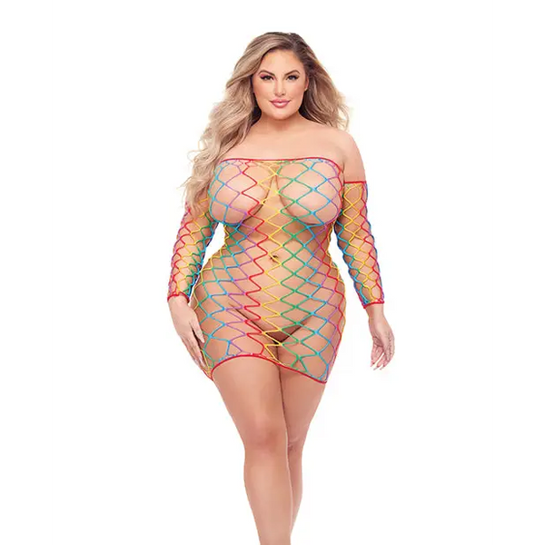 Pink Lipstick Taste the Rainbow See Through Dress w/Sleeves (Fits up to 3X) Rainbow QN - Lingerie - Plus/Queen