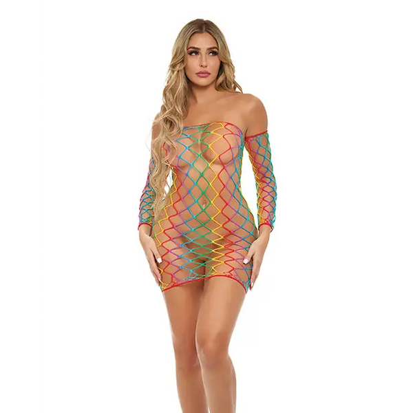 Pink Lipstick Taste the Rainbow See Through Dress w/Sleeves Rainbow O/S - Lingerie - Packaged