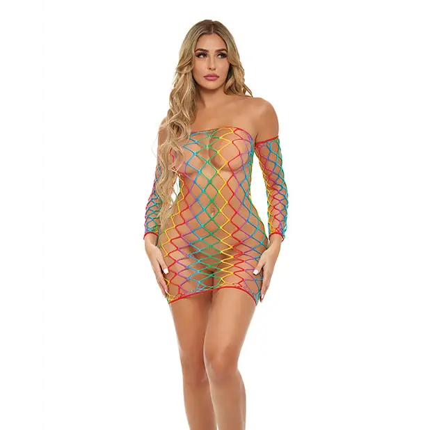 Pink Lipstick Taste the Rainbow See Through Dress w/Sleeves Rainbow O/S - Lingerie - Packaged