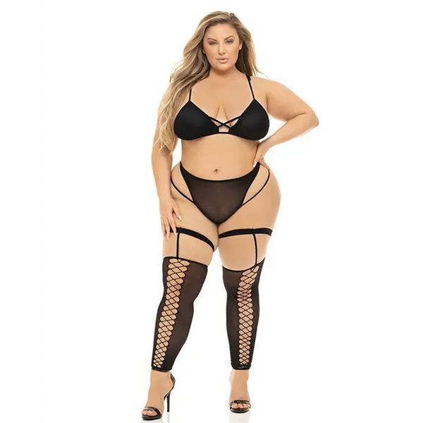 Pink Lipstick Want You Now Bra Panty & Stockings Black QN - Lingerie - Plus/Queen - Packaged