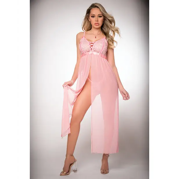 Pinklicious Empire Waist Lace & Sheer Dress & Panty Baby Pink O/S - Lingerie - Packaged
