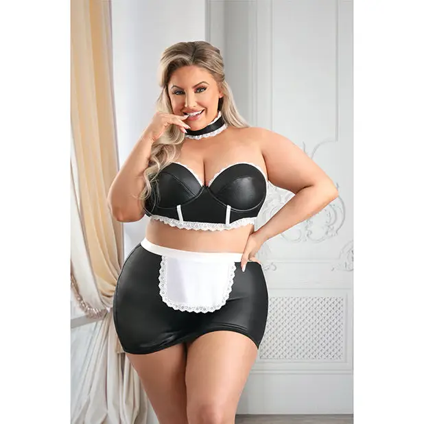 Play 5-Star Service Wetlook Bustier Open Back Skirt G-String & Choker Black/White 1X/2X - Costumes