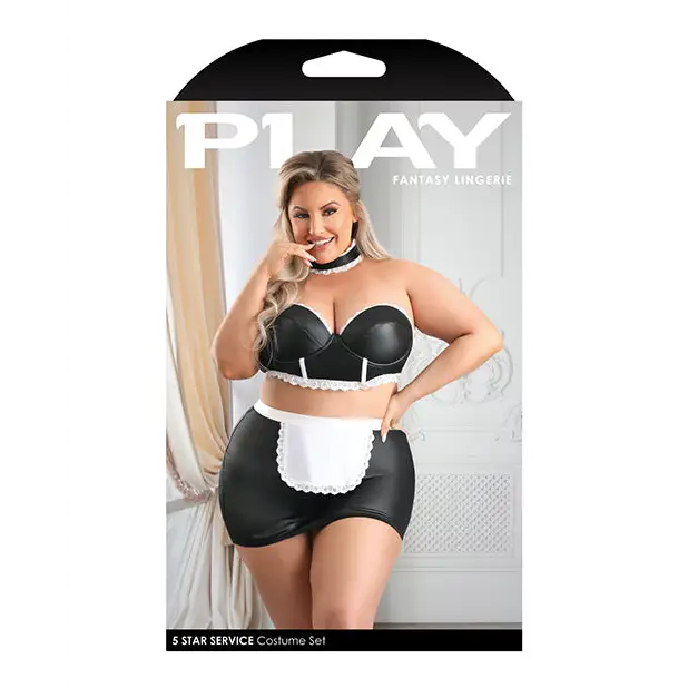 Play 5-Star Service Wetlook Bustier Open Back Skirt G-String & Choker Black/White 1X/2X - Costumes