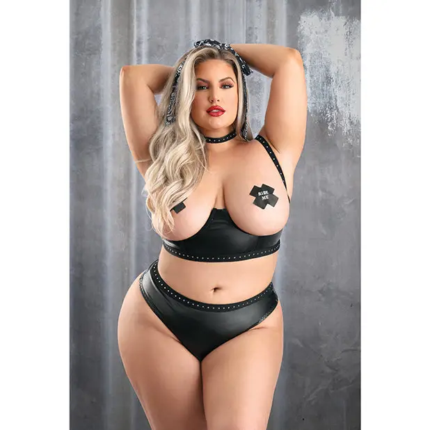 Play Easy Rider Open Cup Bra Fishnet Top Panty Choker Gloves Bandana & Pasties Black 1X/2X - Costumes