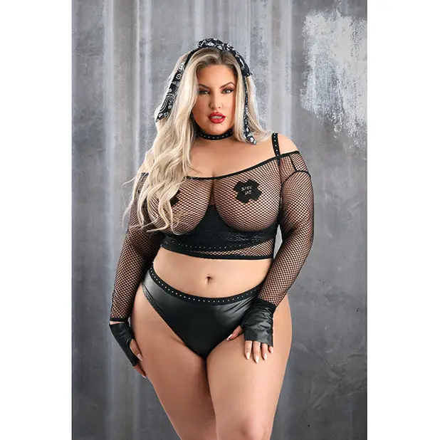 Play Easy Rider Open Cup Bra Fishnet Top Panty Choker Gloves Bandana & Pasties Black 1X/2X - Costumes