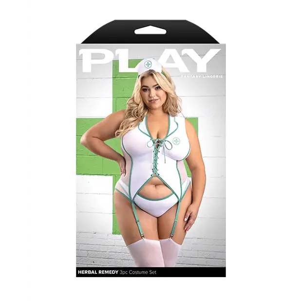 Play Herbal Remedy Gartered Bustier w/Panty & Headpiece - White 3X/4X - Costumes