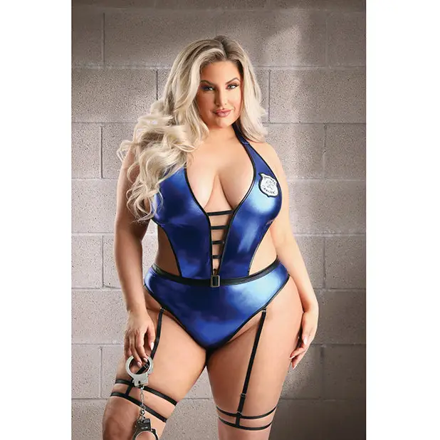 Play House Arrest Cut-out Halter Teddy w/Removable Leg Garters & Handcuffs Blue 3X/4X - Costumes