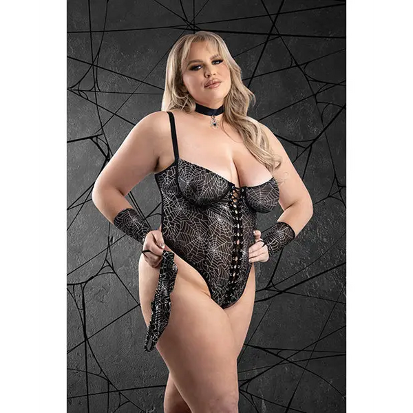 Play Into My Web Lace-up Teddy 4 pc Set - Black 3X/4X - Costumes