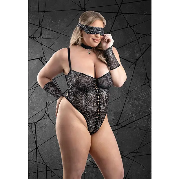 Play Into My Web Lace-up Teddy 4 pc Set - Black 3X/4X - Costumes