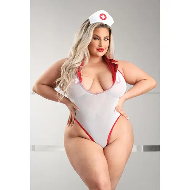 Play Pulse Check Collared Teddy w/Open Back Pleated Skirt Medic Hat & Pasties Red/White 3X/4X - Costumes