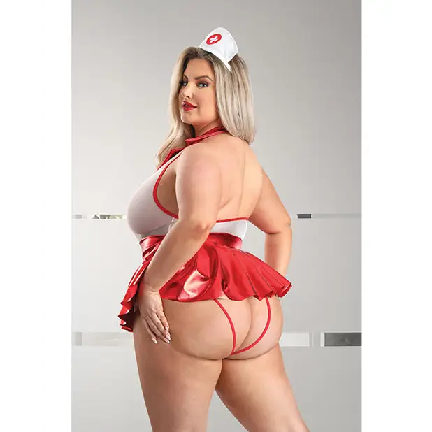 Play Pulse Check Collared Teddy w/Open Back Pleated Skirt Medic Hat & Pasties Red/White 3X/4X - Costumes